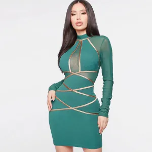 Valencia Sheer Long Sleeve Strappy Bodycon Mini Dress