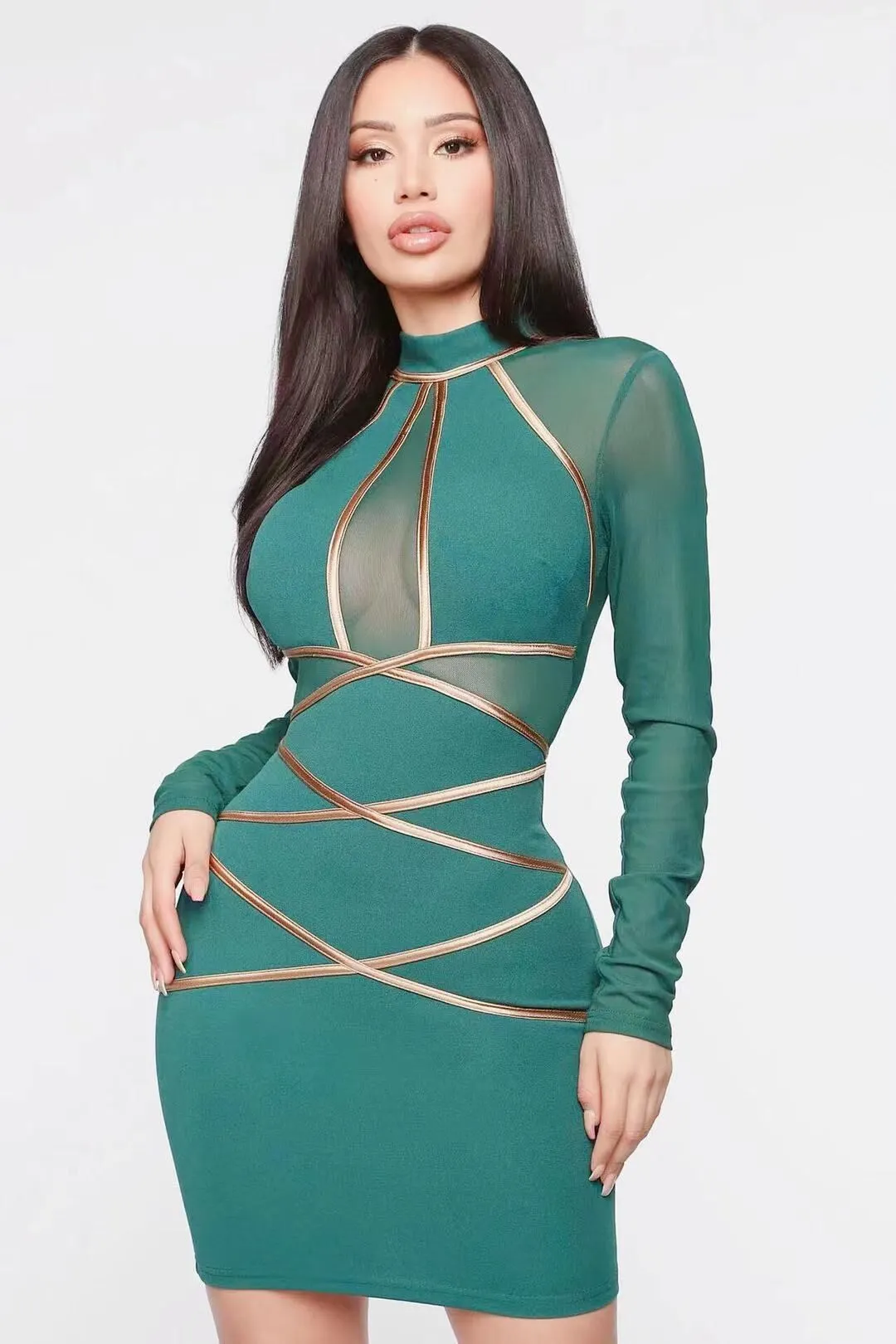 Valencia Sheer Long Sleeve Strappy Bodycon Mini Dress