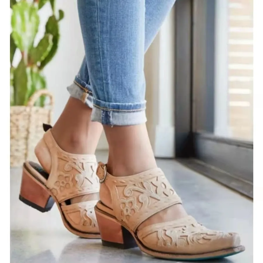 Vintage Closed Toe Block Low Heel Ankle Strap Sandals with Buckle