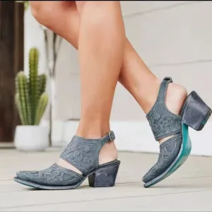 Vintage Closed Toe Block Low Heel Ankle Strap Sandals with Buckle
