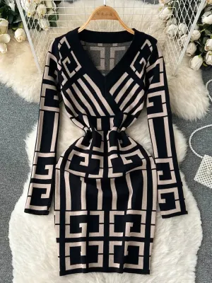 Vintage Knitted Wrap Hips Short Dress