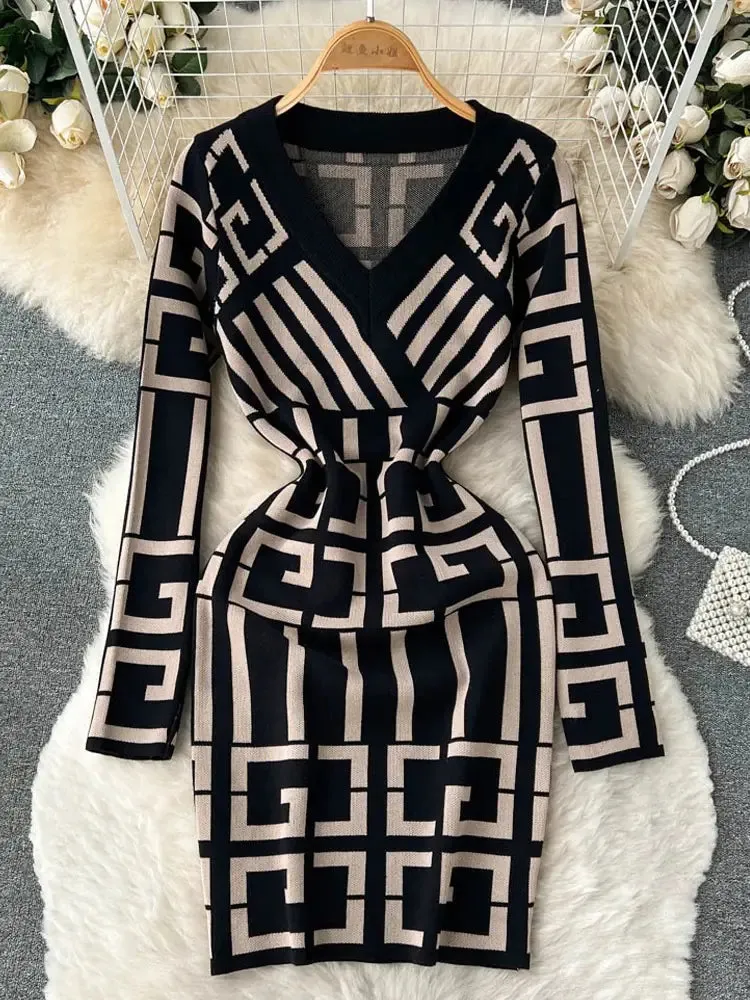 Vintage Knitted Wrap Hips Short Dress