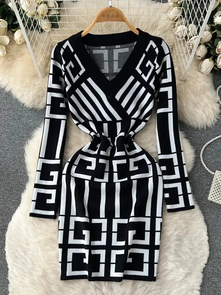 Vintage Knitted Wrap Hips Short Dress
