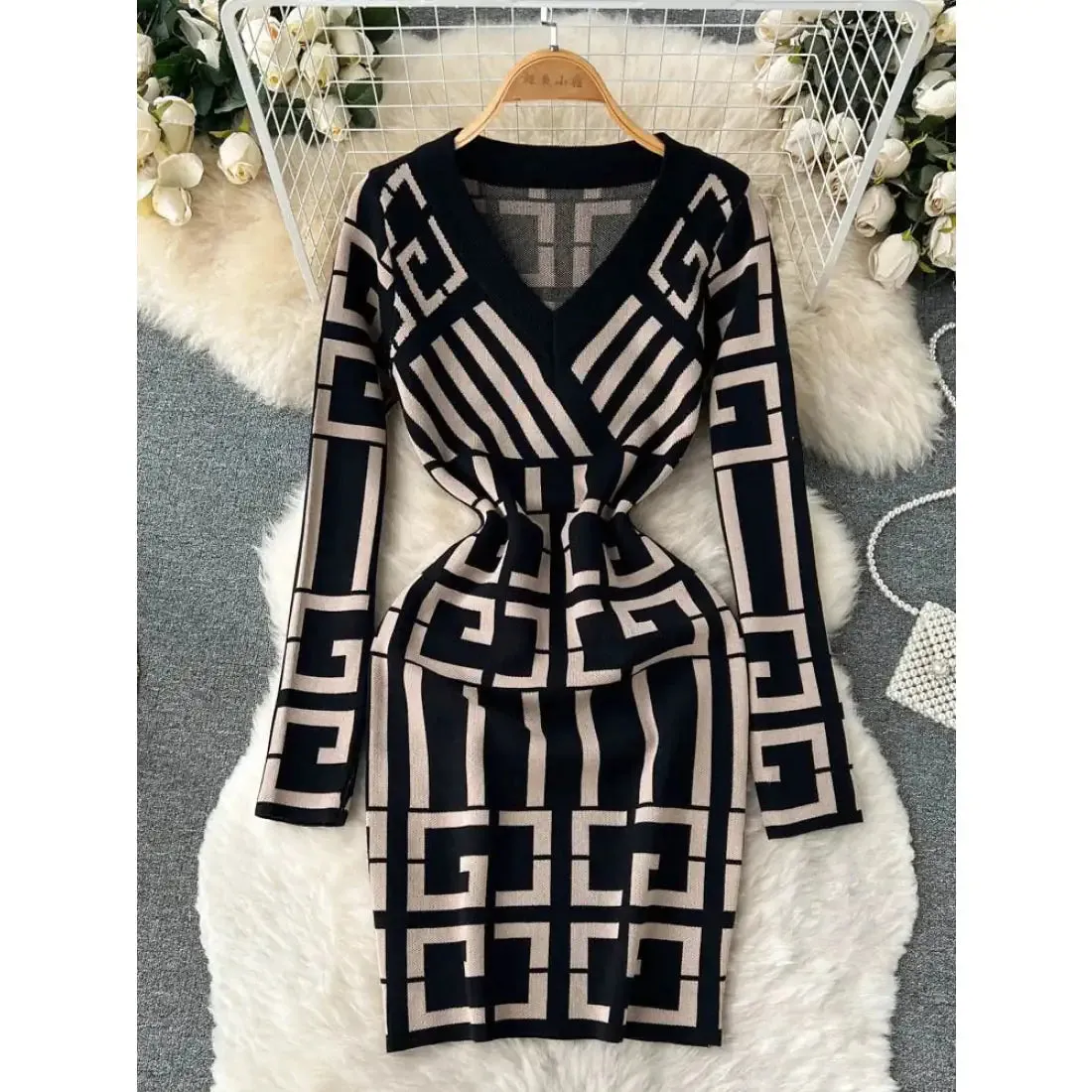 Vintage Knitted Wrap Hips Short Dress