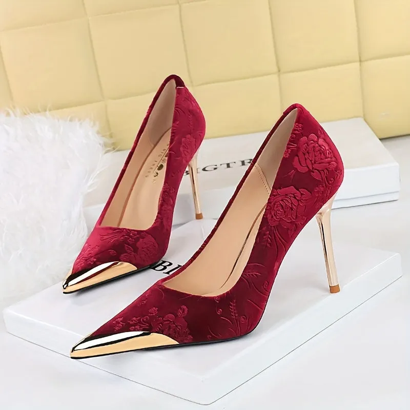 VougeVamp Elegant Black Velvet Stiletto Heels – Floral Embossed High Heels with Metallic Pointed Toe