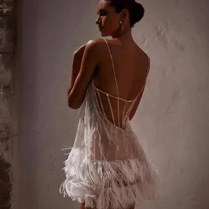 Whimsical Evening Dress with Feather Hem