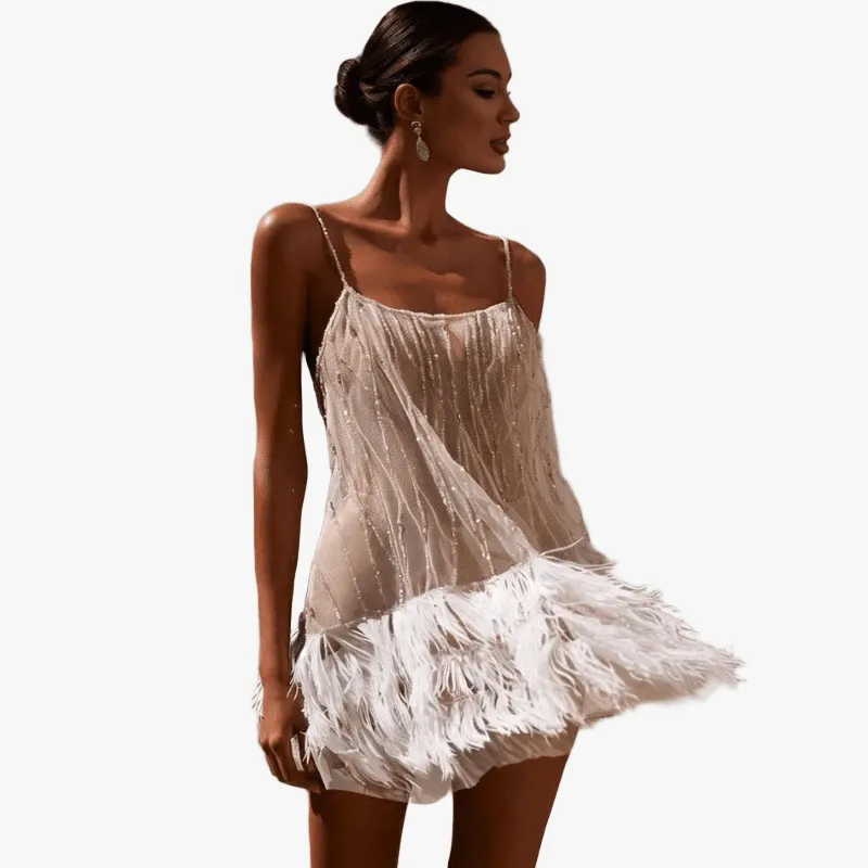 Whimsical Evening Dress with Feather Hem