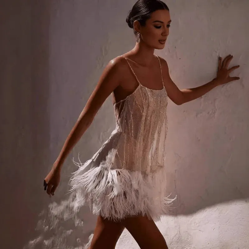 Whimsical Evening Dress with Feather Hem