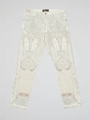 White Intricate Lace-Embroidered Slim Fit Trousers