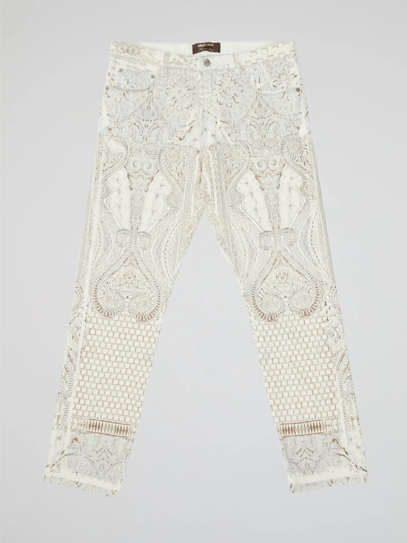 White Intricate Lace-Embroidered Slim Fit Trousers