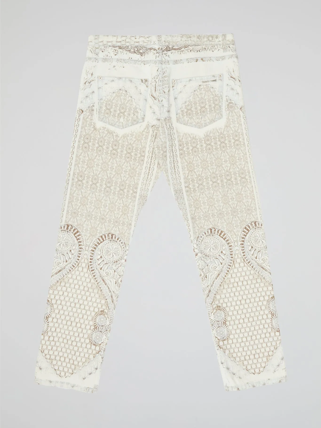 White Intricate Lace-Embroidered Slim Fit Trousers