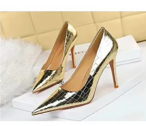 Women's high heels Sexy Pointy Toe PU Leather Black High Heels Pumps Fashion Stone Pattern Thin Heeled Office Lady Shoes