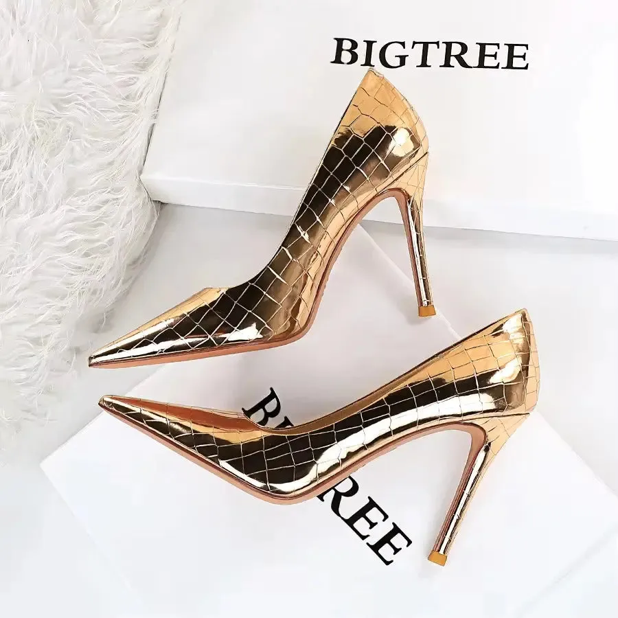 Women's high heels Sexy Pointy Toe PU Leather Black High Heels Pumps Fashion Stone Pattern Thin Heeled Office Lady Shoes