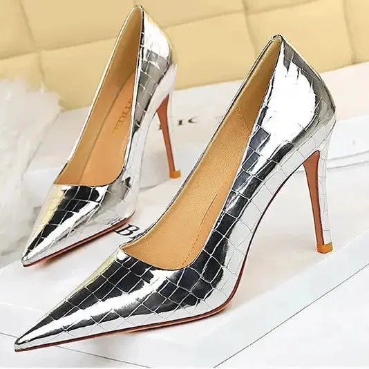 Women's high heels Sexy Pointy Toe PU Leather Black High Heels Pumps Fashion Stone Pattern Thin Heeled Office Lady Shoes