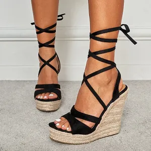 Women's Lace-Up Summer Wedge Sandals Peep Toe Straw High Heels