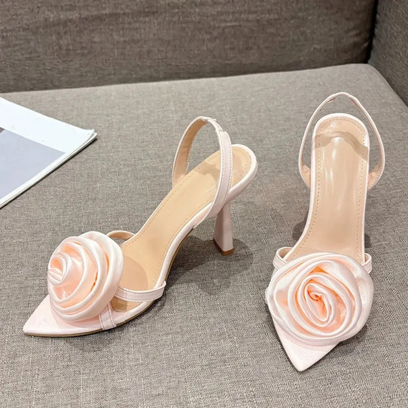 Women's Red Silk Rose Flowers Pointed Open Toe Back Strap Sandals