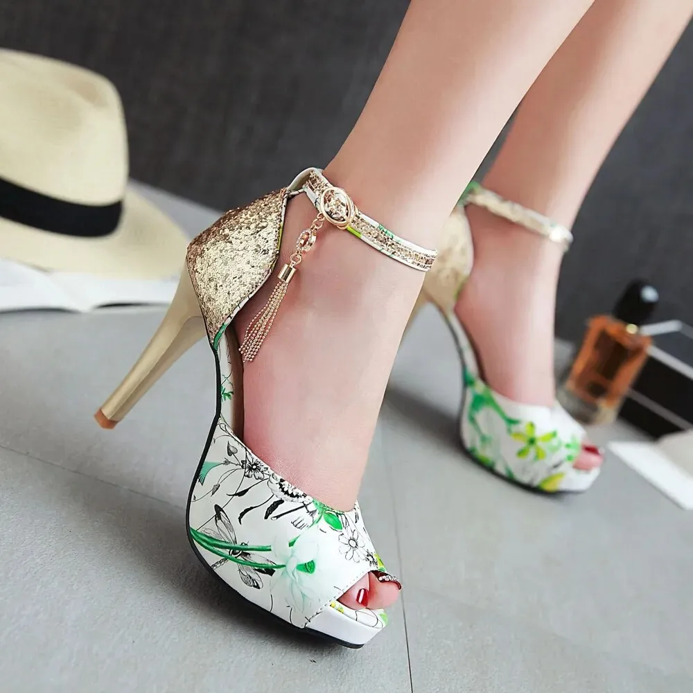 Women's Summer Flower Print Platform Sandals Heels