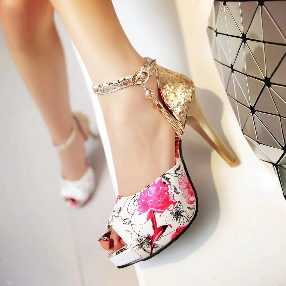 Women's Summer Flower Print Platform Sandals Heels